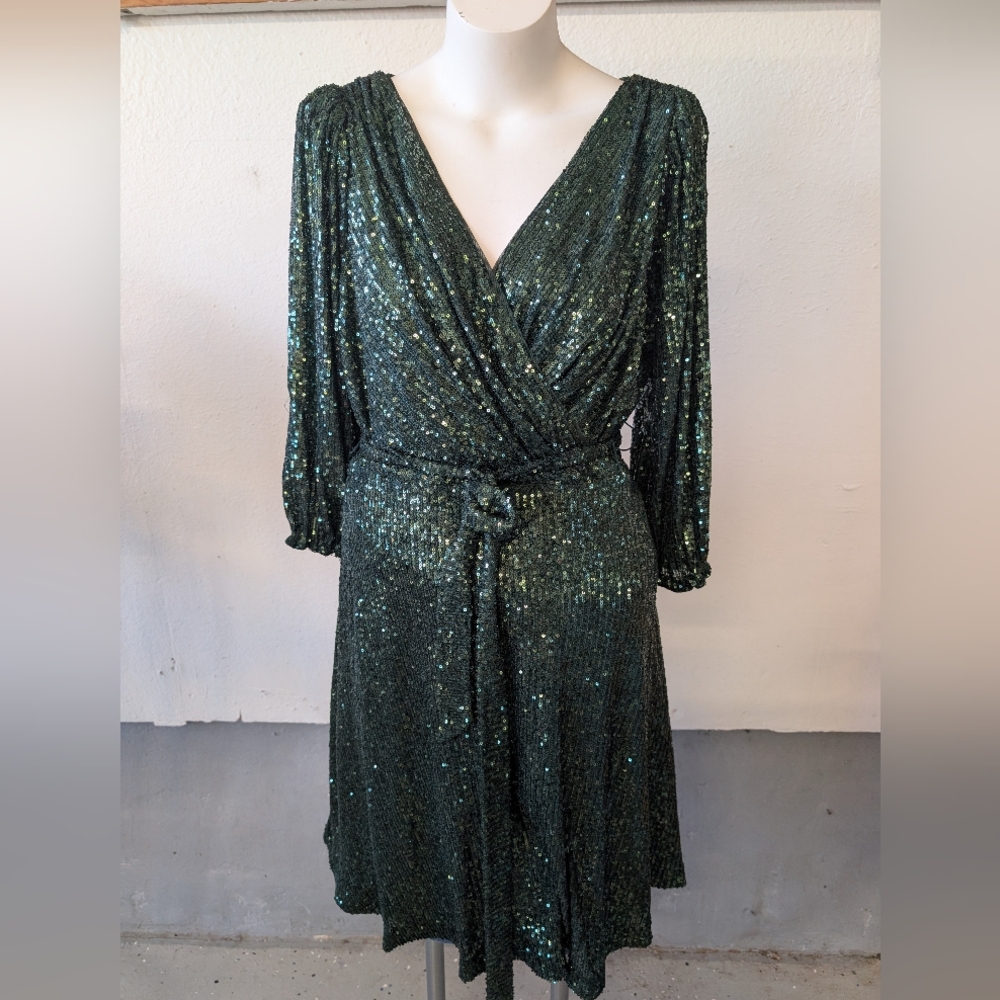DKNY Green Sequin Long Sleeve Dress